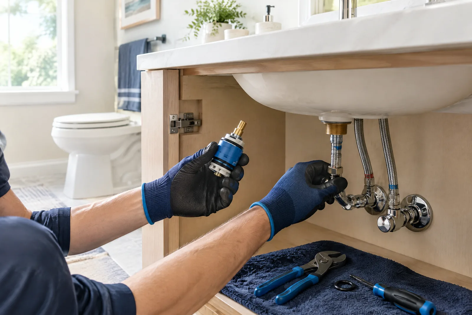 Plumber inspecting faucet components and supply connections beneath a bathroom sink