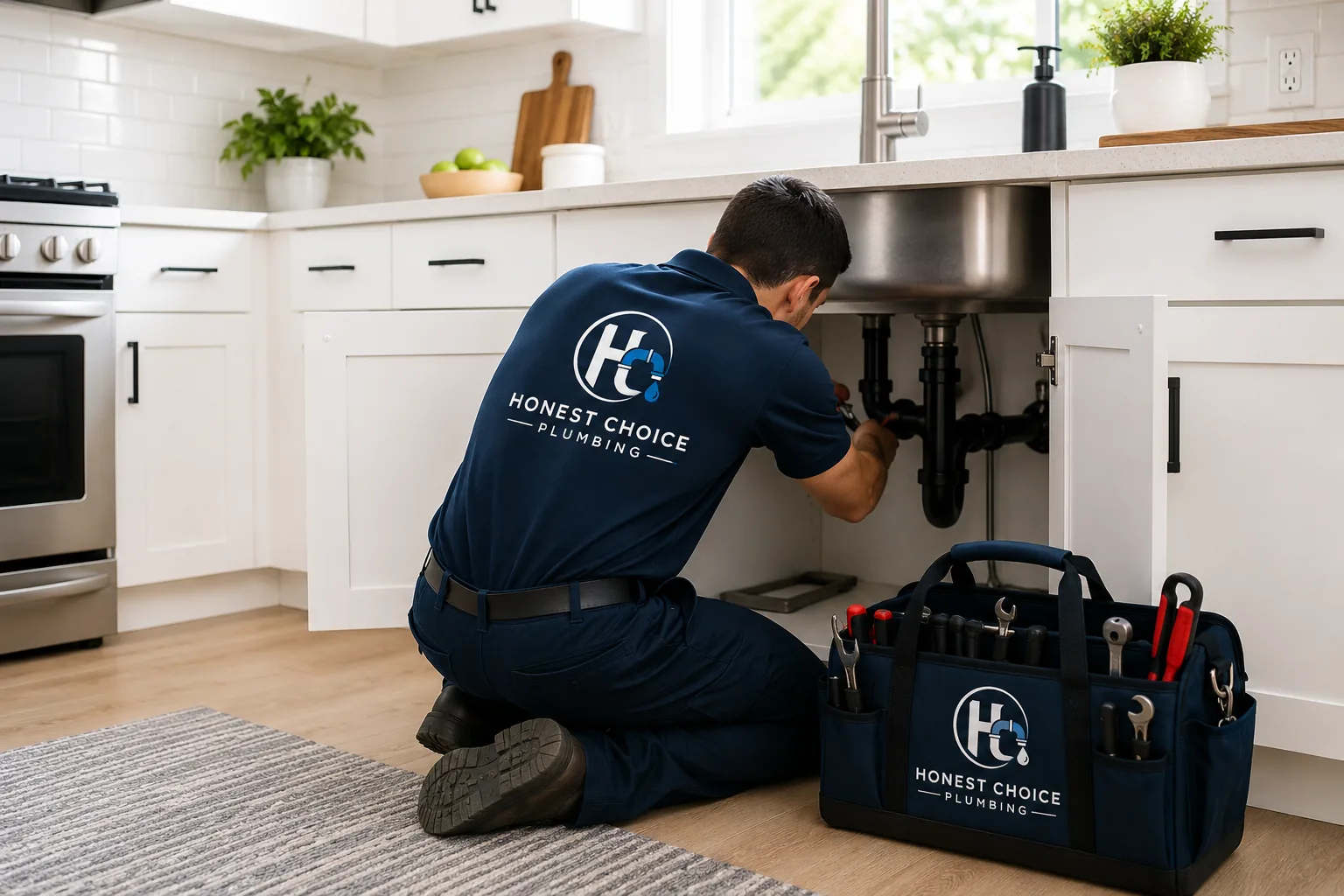 Honest Choice Plumbing technician evaluating plumbing beneath a kitchen sink