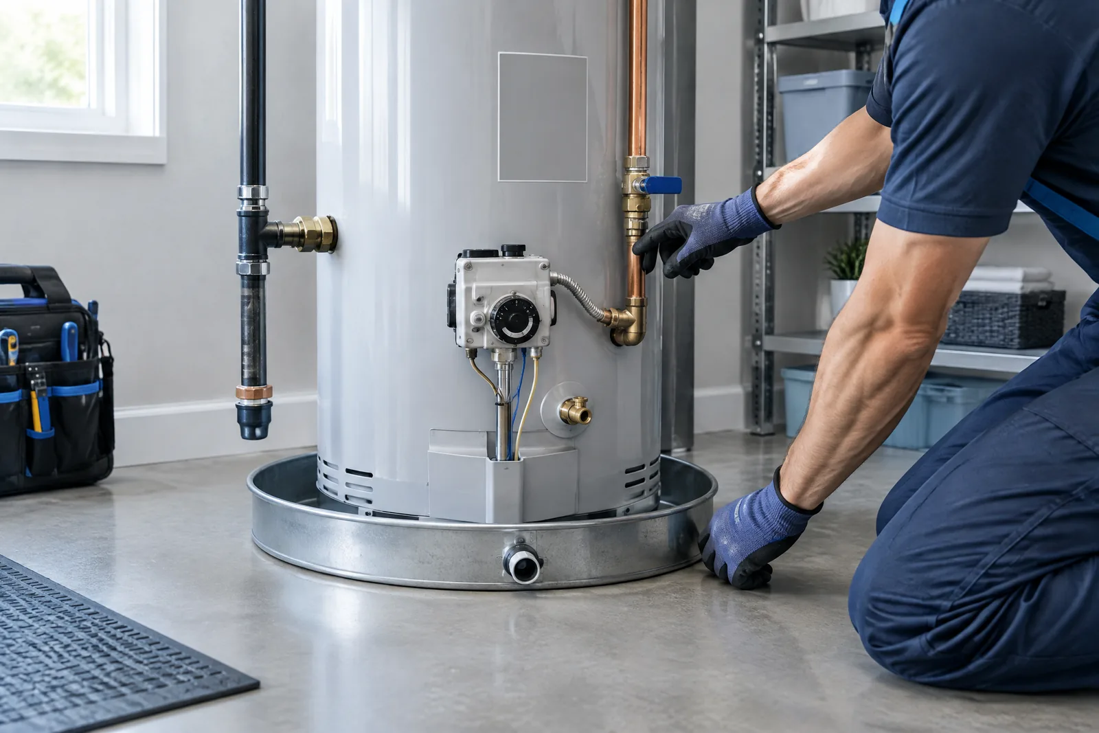 Plumber inspecting a water heater and its accessible connections